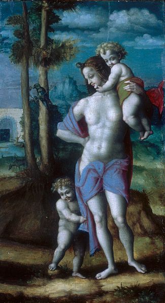 『カインとアベルと共にいるエヴァ』（Eva con Caino e Abele）（1520）、バッキアッカ（Bacchiacca (Francesco Ubertini), 1494-1557）