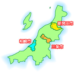 新潟県における新発田、三条、柏崎の位置